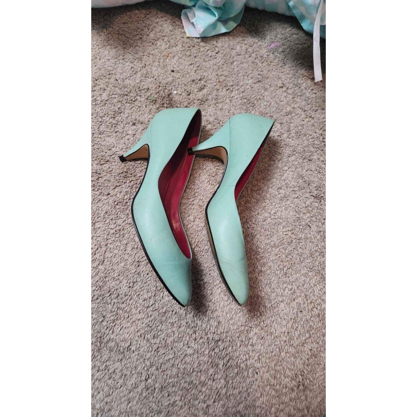 vintage kitten heels seafoam green with pink insole leather size 7.5