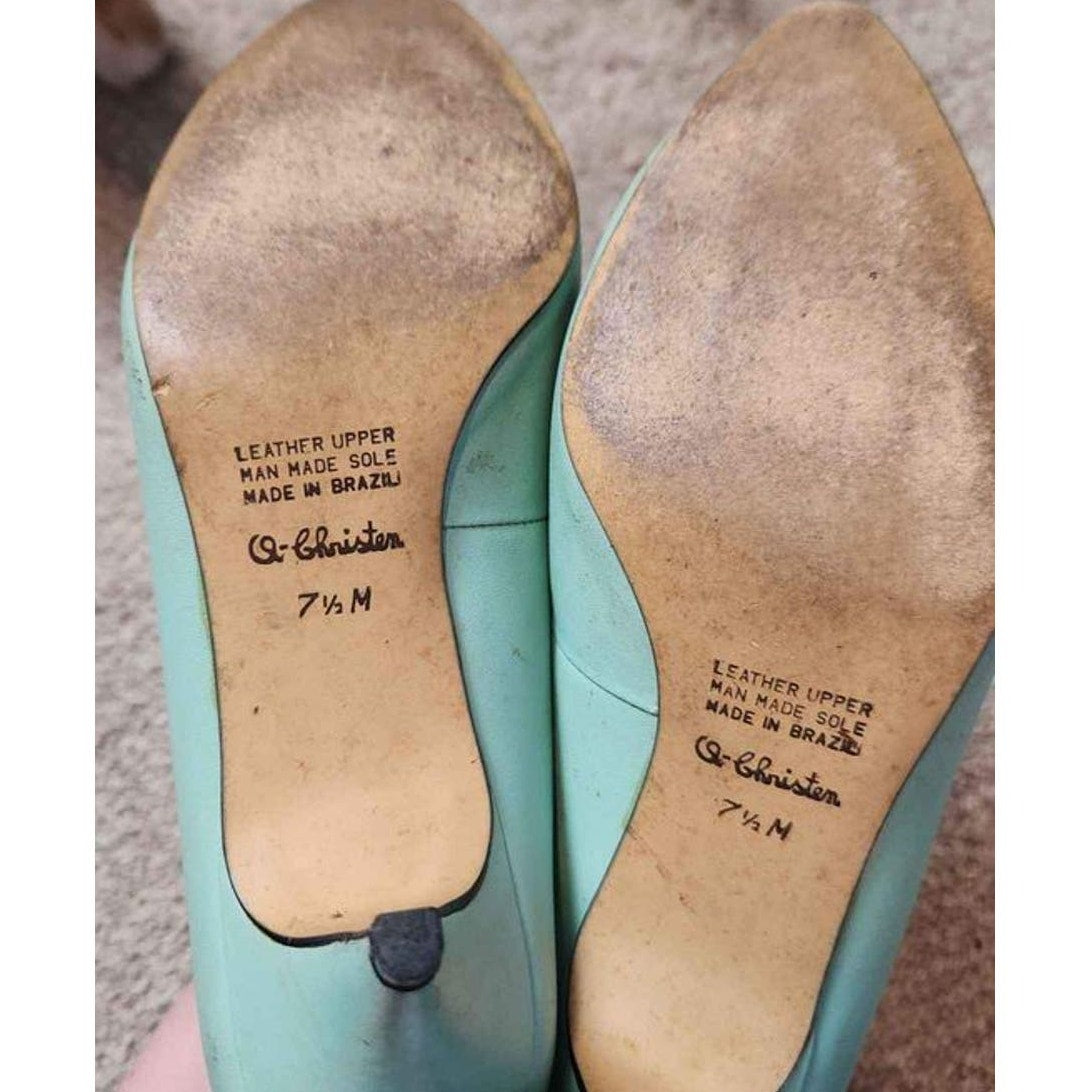 vintage kitten heels seafoam green with pink insole leather size 7.5