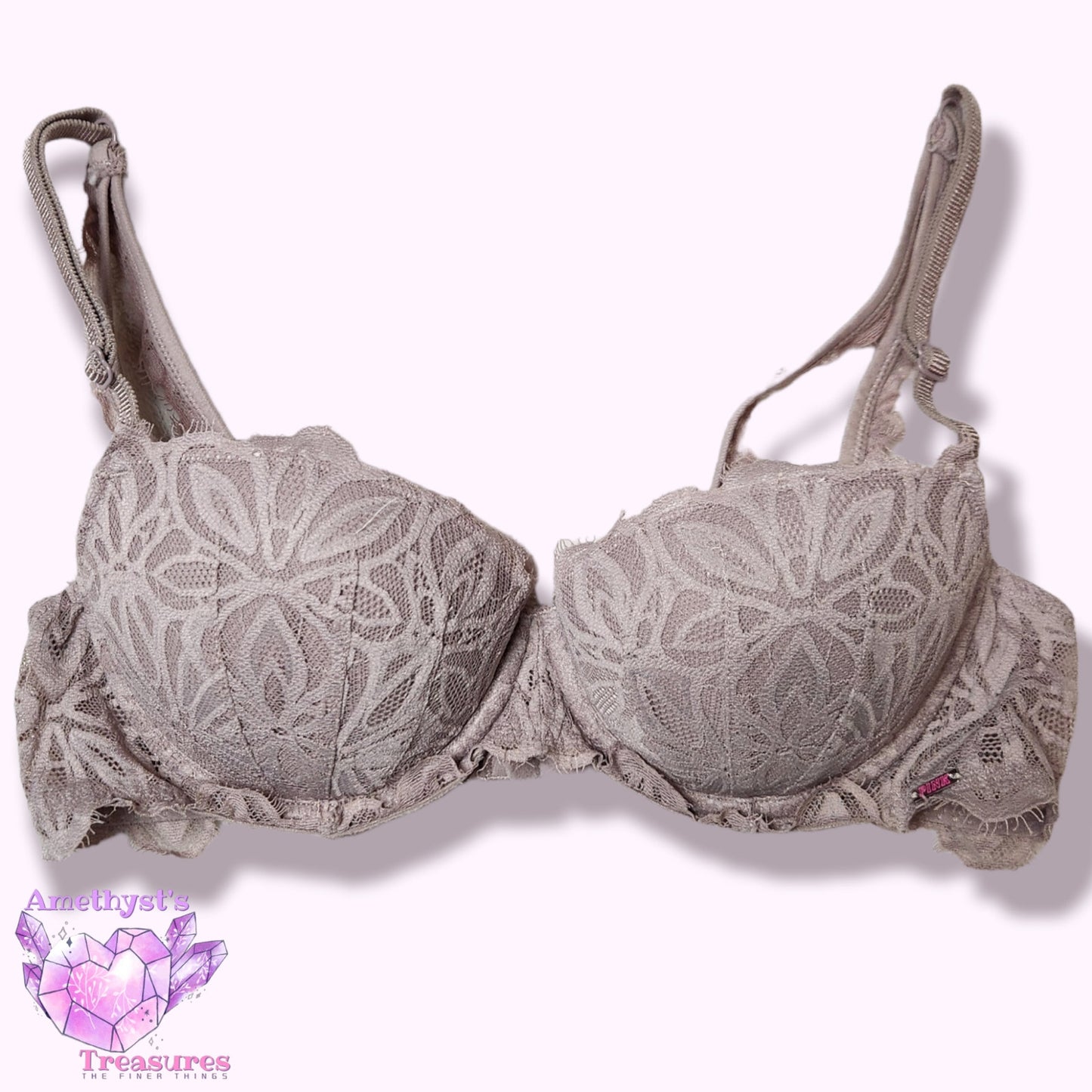 PINK Victoria's Secret Date Push Up 34B Mauve Tan Lace Underwire Demi Half Cup