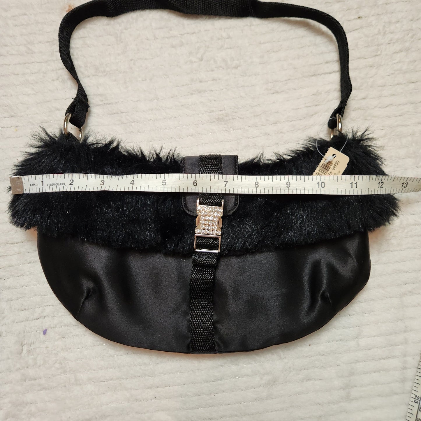 NWT Black Purse Small Fur Buckle Satin Jewels Mini Glam Clutch Straps round