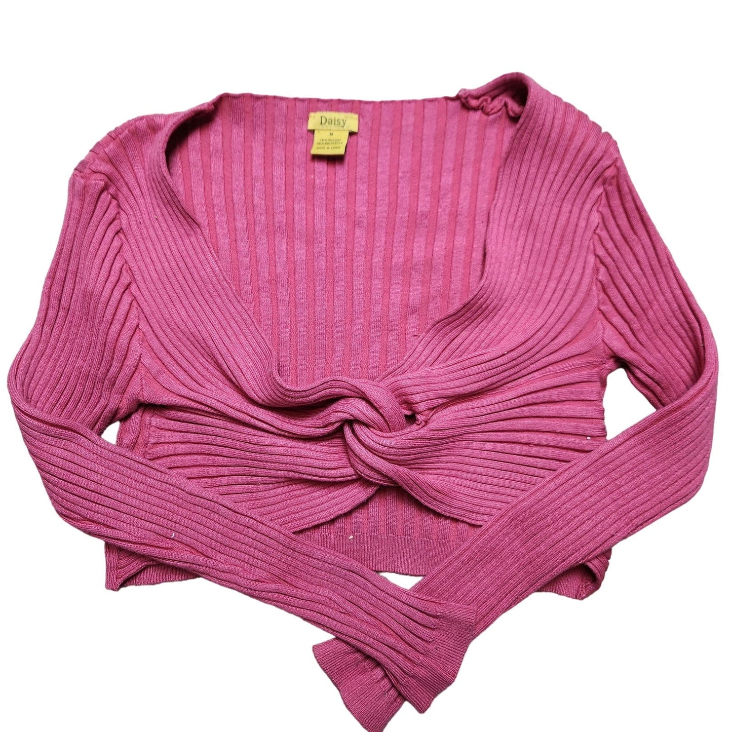 Daisy M womens top long sleeve wrap pink raspberry twist knot crop ribbed