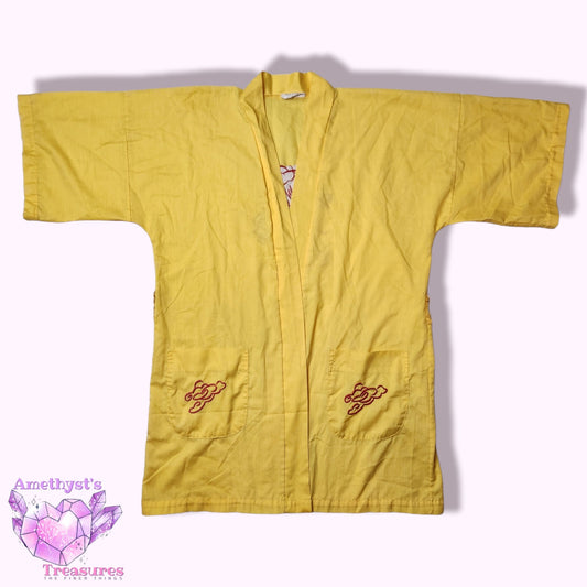 Miz Carol Japanese Yellow Boxy Kimono Red Dragon Embroidered Pockets Vintage