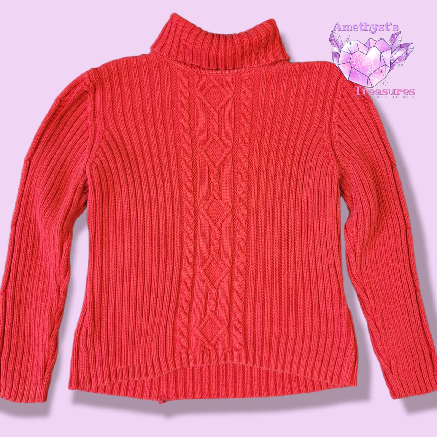 Vintage Petite Sophisticate Womens L Chunky Cable Knit turtleneck Sweater red