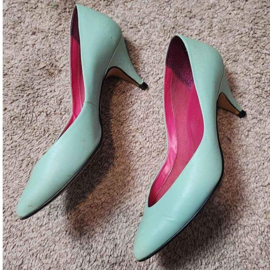 vintage kitten heels seafoam green with pink insole leather size 7.5