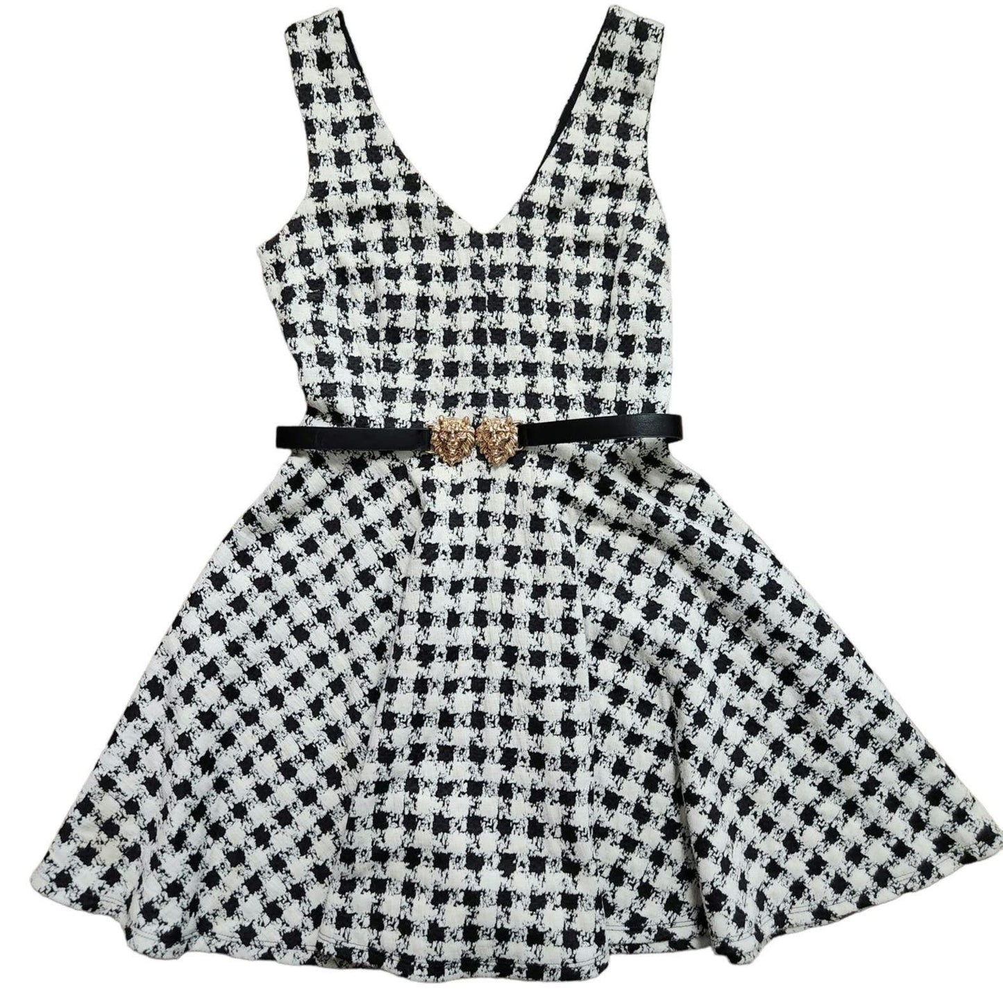 City Triangles 5 women's dress black white circle skirt gingham v neck lion