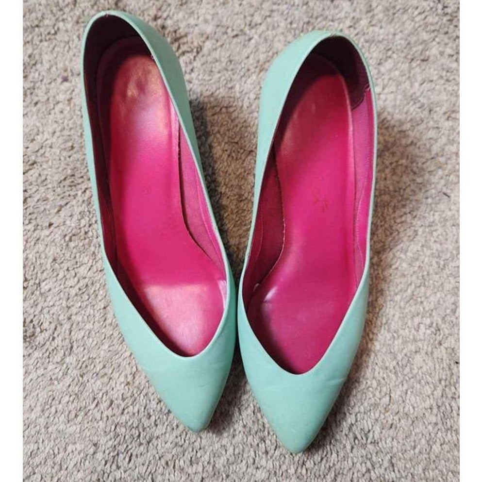 vintage kitten heels seafoam green with pink insole leather size 7.5