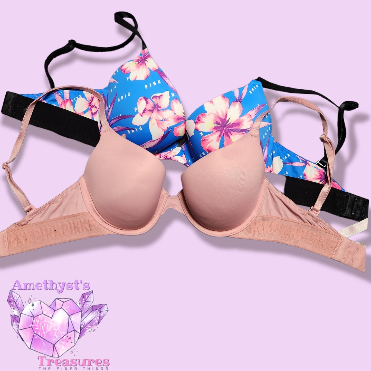 Victoria's Secret Pink everywhere push-up bra 32D bundle of two pink floral nude