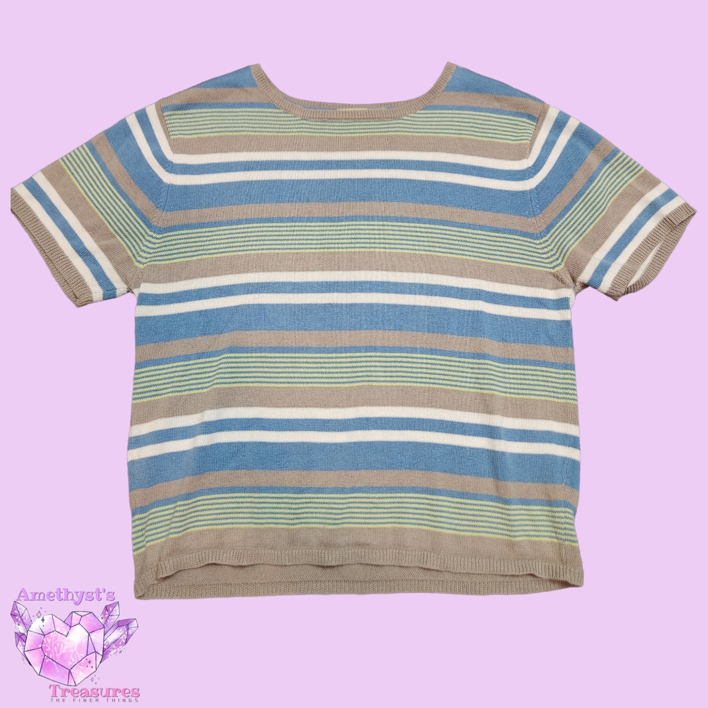 Vintage signature studio S womens T shirt striped tee blue grey small round neck