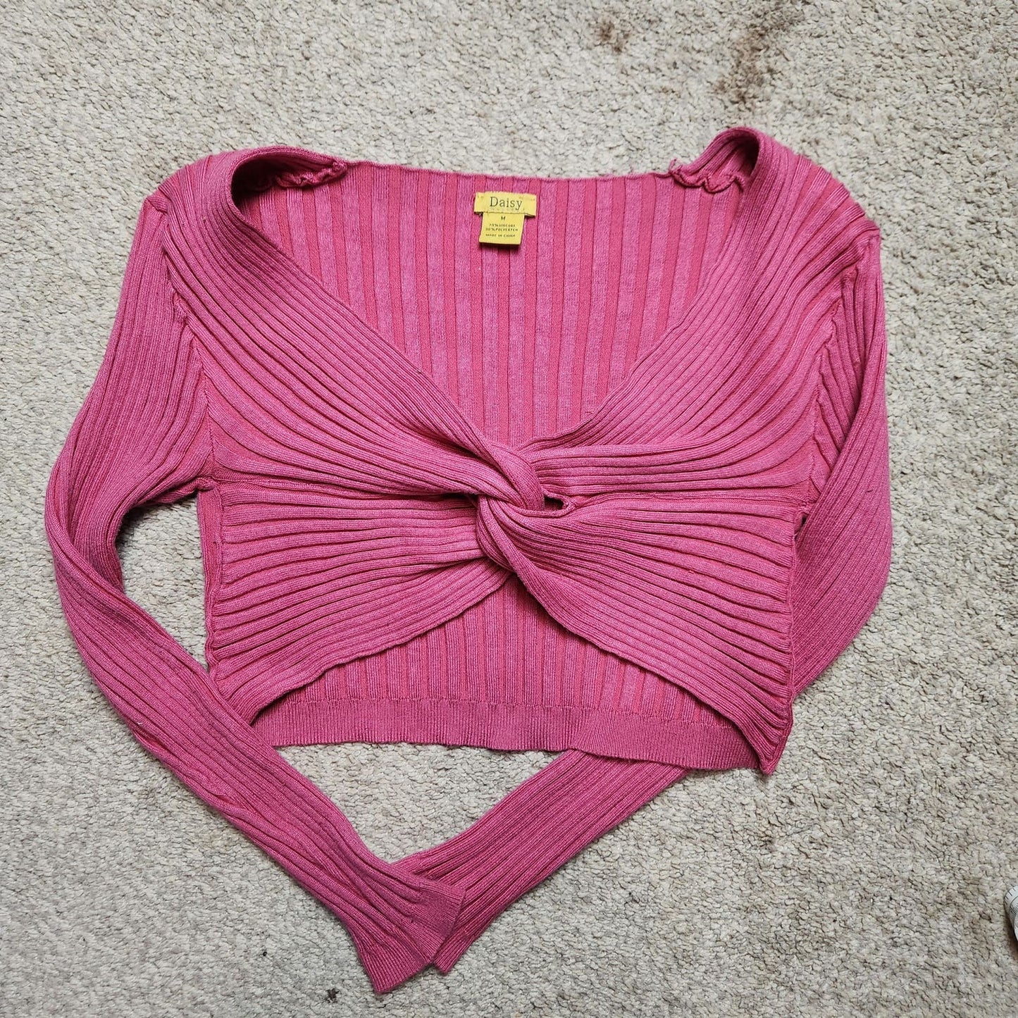 Daisy M womens top long sleeve wrap pink raspberry twist knot crop ribbed