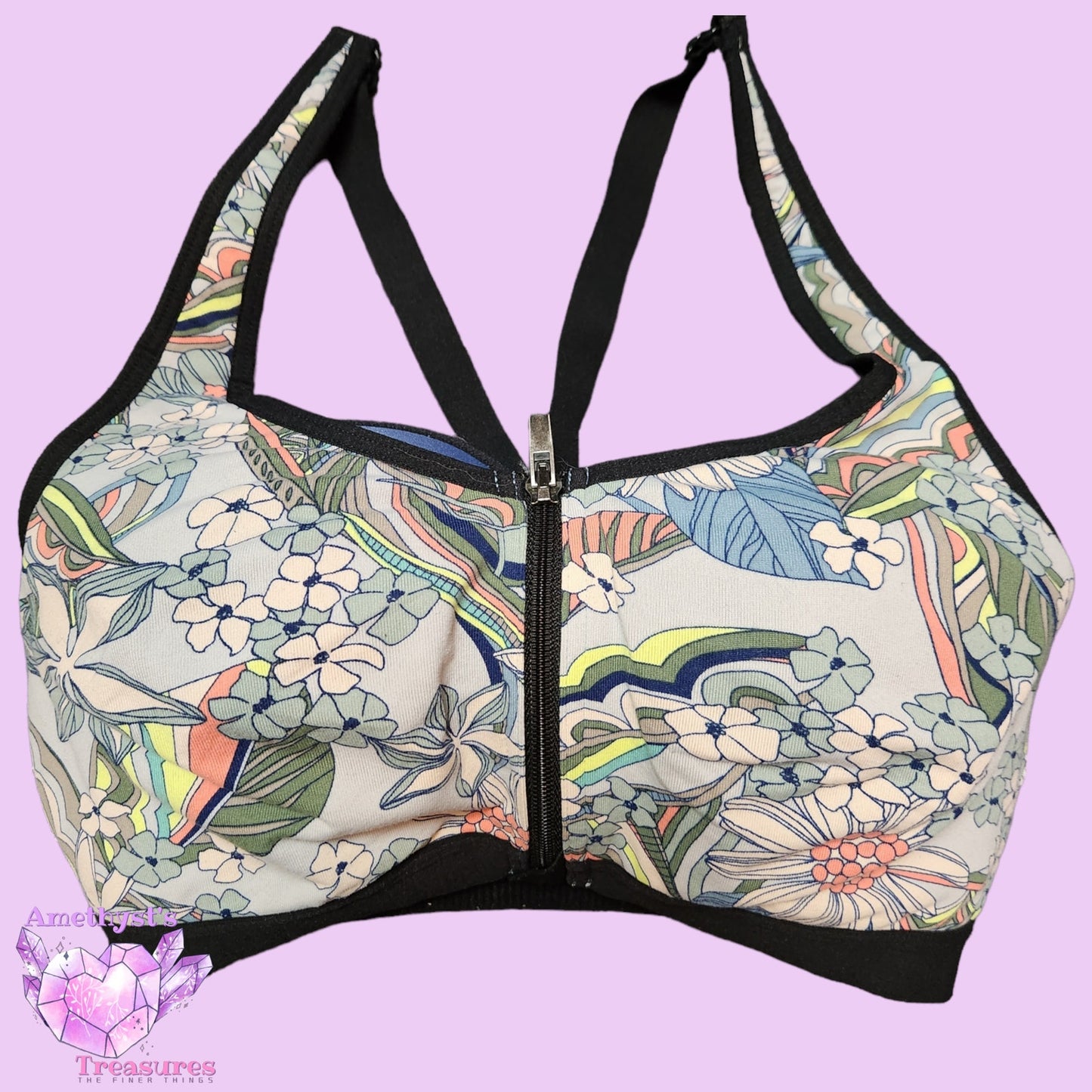 Victoria's Secret knock out floral sports bra 32DD blue green zip up support