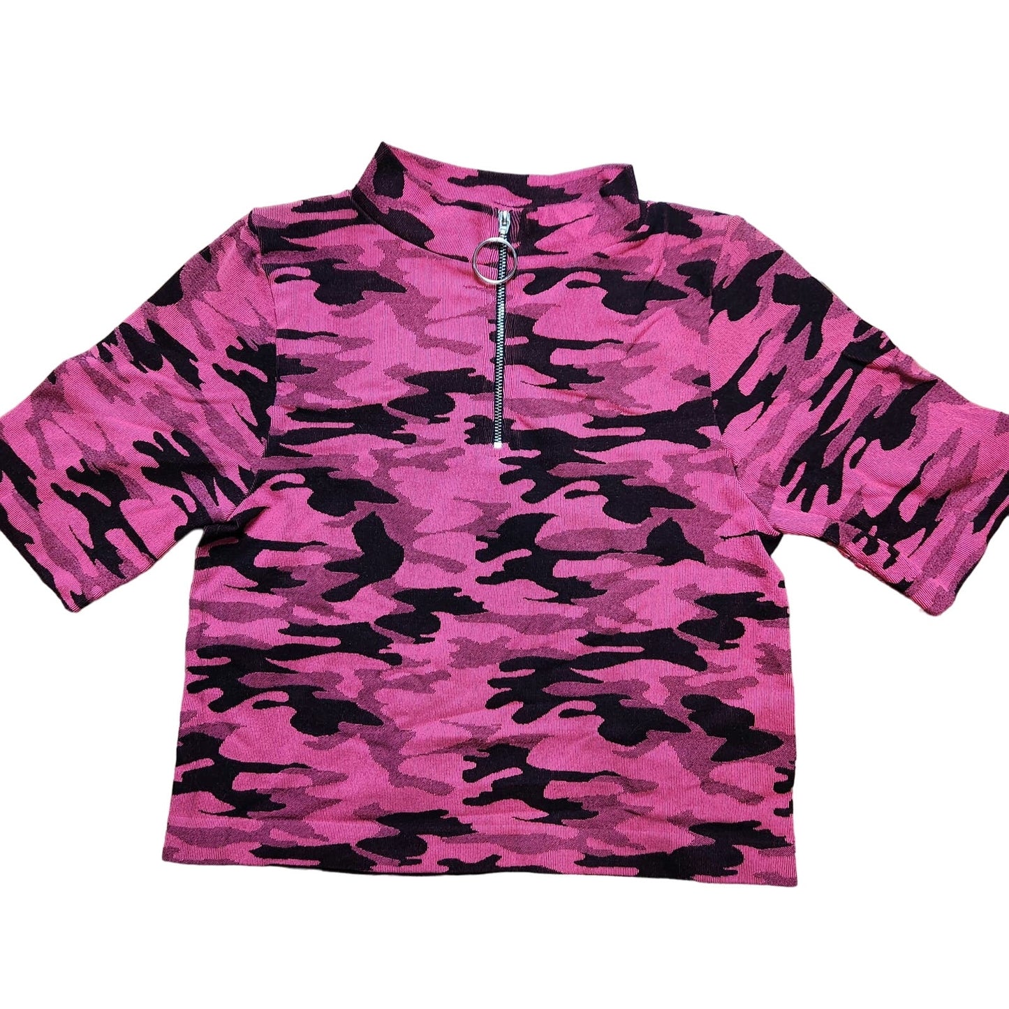 Love J L/XL T-shirt camo hot pink black zipper quarter sleeve