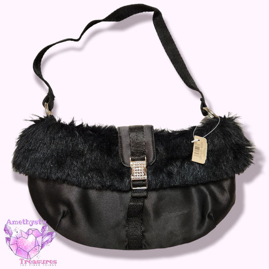 NWT Black Purse Small Fur Buckle Satin Jewels Mini Glam Clutch Straps round