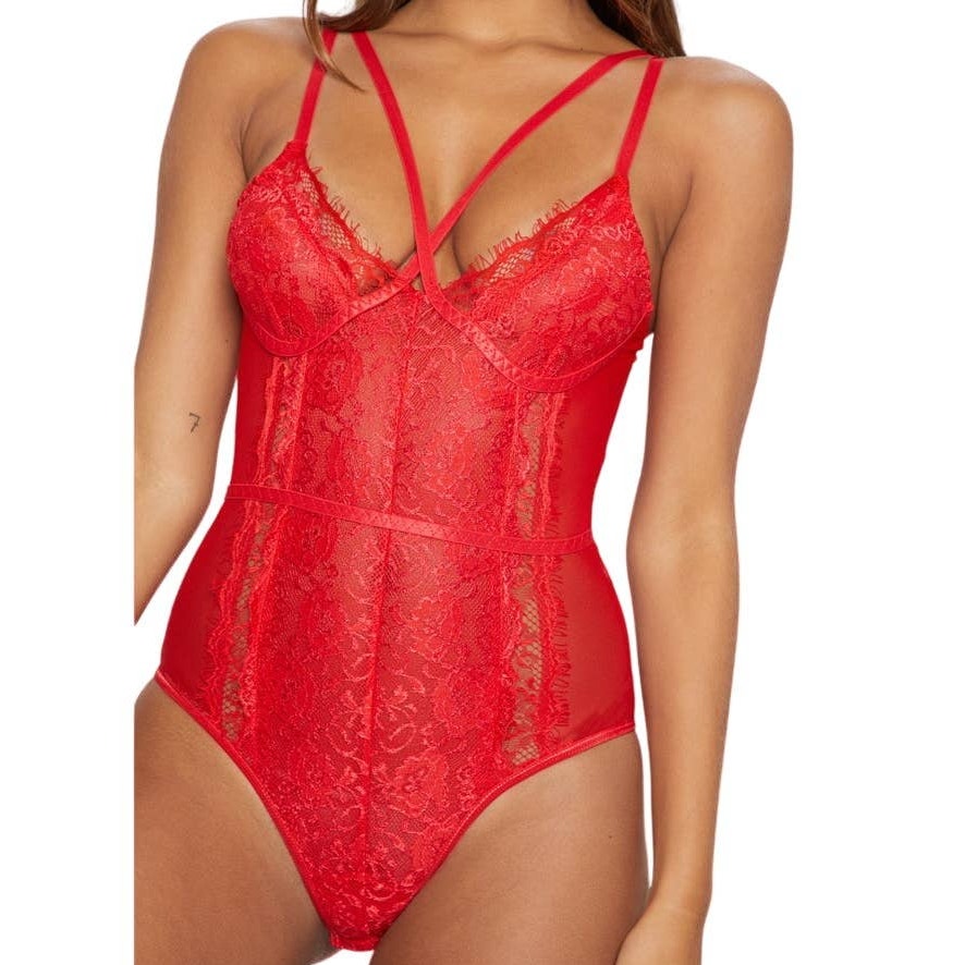 Pretty Little Thing womens S Red bodysuit lace lingerie strappy one piece