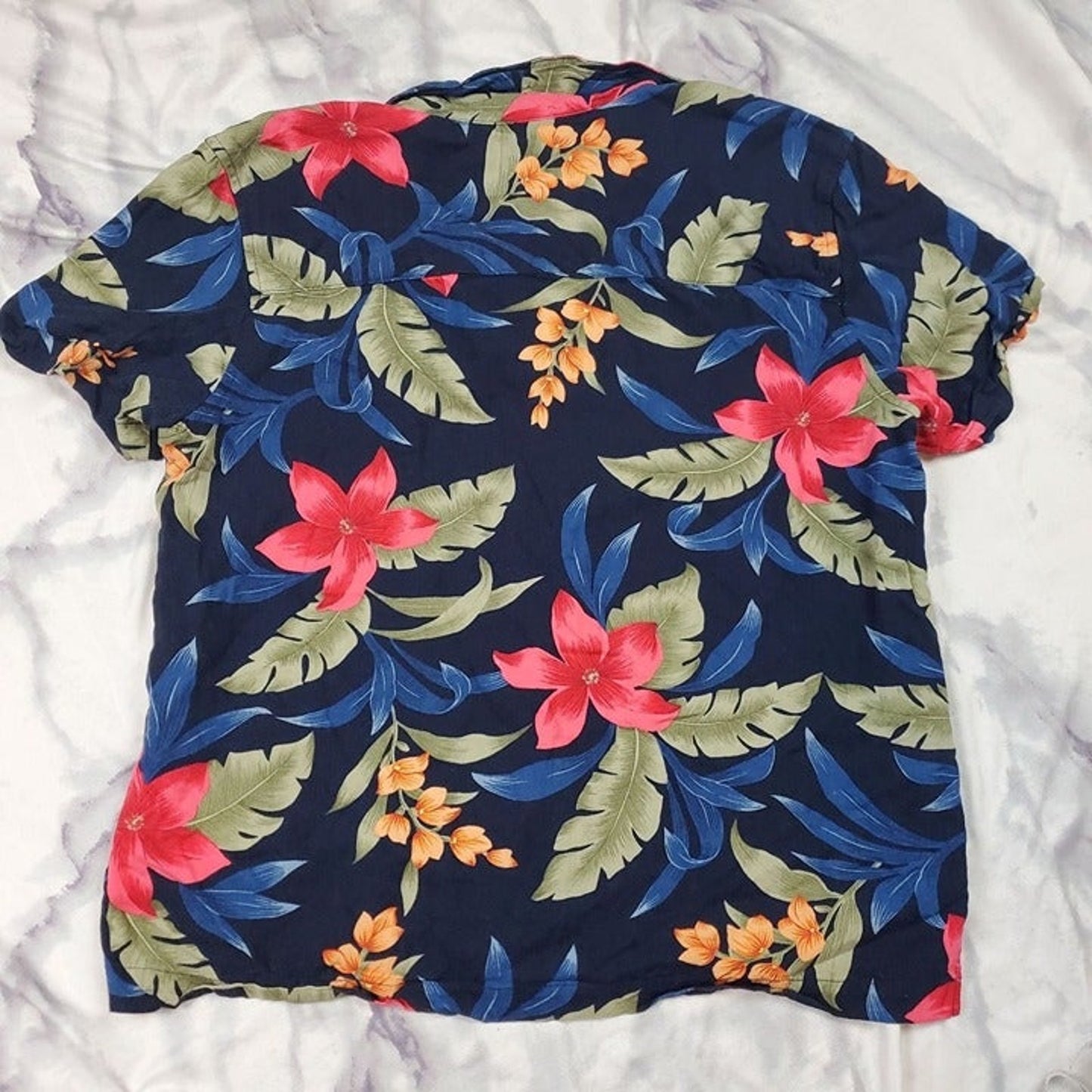 Vintage L Hawaiian button up tee shirt Caribbean joe rayon 70s navy blue summer