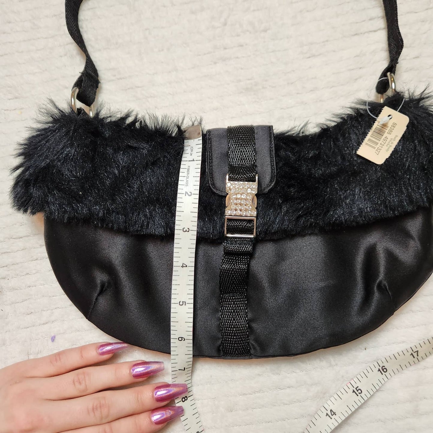 NWT Black Purse Small Fur Buckle Satin Jewels Mini Glam Clutch Straps round