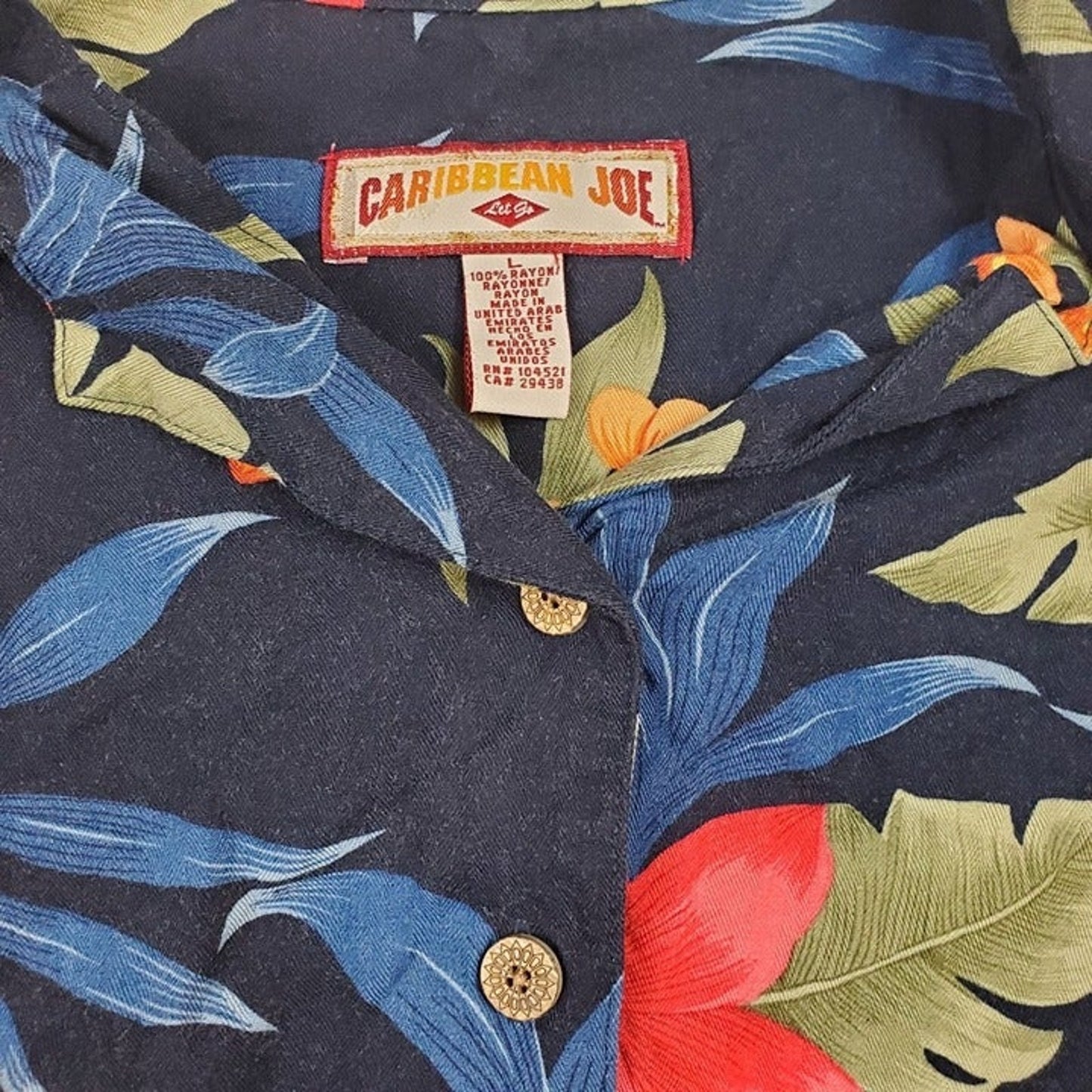 Vintage L Hawaiian button up tee shirt Caribbean joe rayon 70s navy blue summer